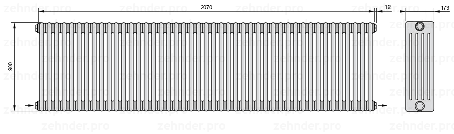 Схема (чертеж) Радиатор Zehnder Charleston 5090/45 №2670 Белый глянцевый RAL 9016